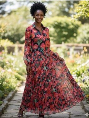 FARM Rio Red Floral Button-Front Chiffon Maxi Dress with Pleated Skirt